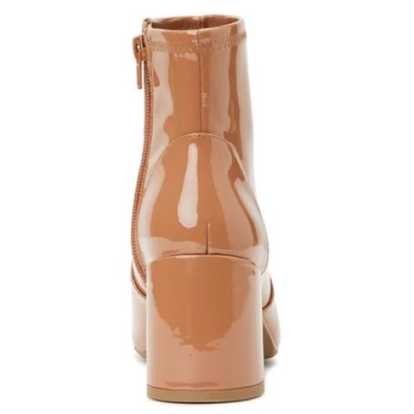 Madden NYC Caramel Tan Patent Leather Side Zip Block Heeled Almond Toe Bootie - Picture 7 of 15